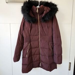 Maroon Wine Burgundy Puffer Jacket Winter Red Black Faux Fur Hood Coat Medium